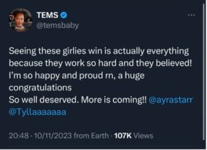 “So well-deserved, more is coming” — Tems congratulate Ayra Starr and Tyla over Grammy nominations